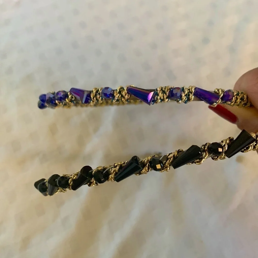 Jeweled Metallic Headbands One Blue & Gold and One Black & Gold
